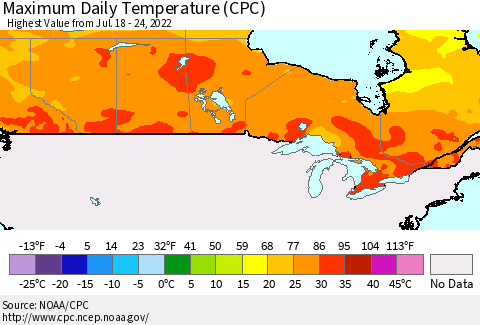 Canada Maximum Daily Temperature (CPC) Thematic Map For 7/18/2022 - 7/24/2022