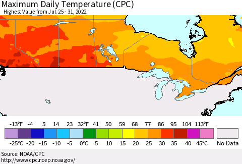 Canada Maximum Daily Temperature (CPC) Thematic Map For 7/25/2022 - 7/31/2022