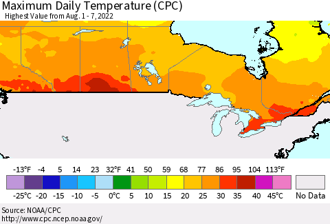 Canada Maximum Daily Temperature (CPC) Thematic Map For 8/1/2022 - 8/7/2022