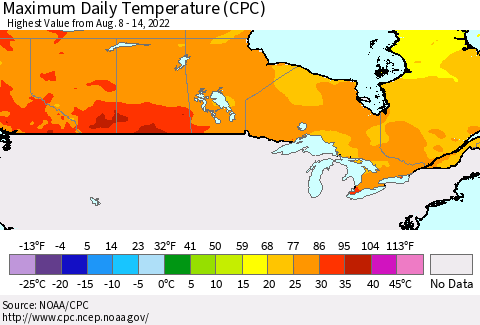 Canada Maximum Daily Temperature (CPC) Thematic Map For 8/8/2022 - 8/14/2022