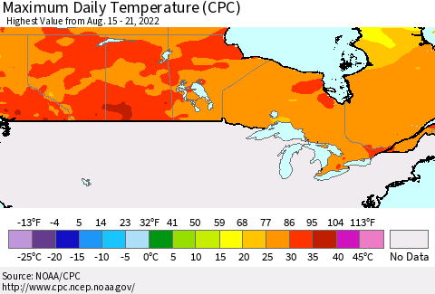 Canada Maximum Daily Temperature (CPC) Thematic Map For 8/15/2022 - 8/21/2022