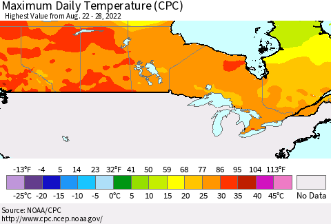 Canada Maximum Daily Temperature (CPC) Thematic Map For 8/22/2022 - 8/28/2022