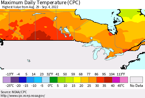 Canada Maximum Daily Temperature (CPC) Thematic Map For 8/29/2022 - 9/4/2022