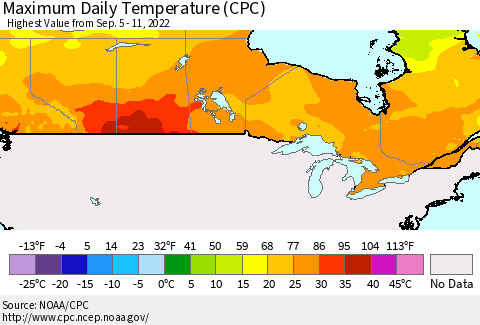 Canada Maximum Daily Temperature (CPC) Thematic Map For 9/5/2022 - 9/11/2022