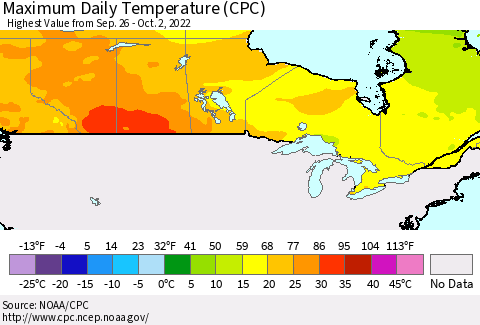 Canada Maximum Daily Temperature (CPC) Thematic Map For 9/26/2022 - 10/2/2022