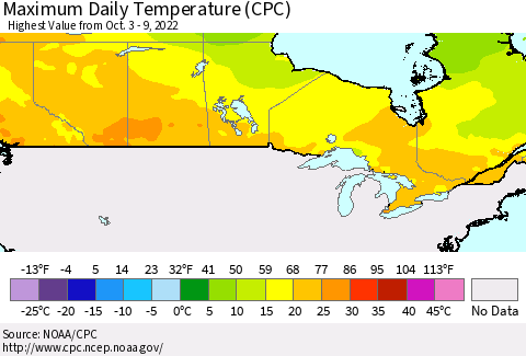 Canada Maximum Daily Temperature (CPC) Thematic Map For 10/3/2022 - 10/9/2022