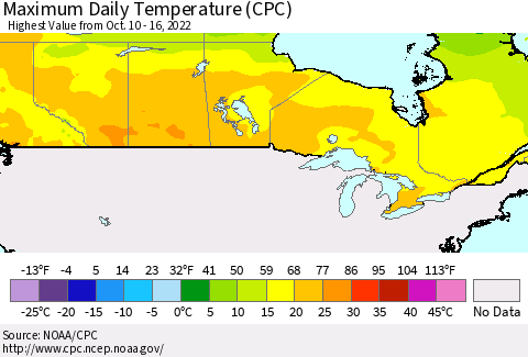 Canada Maximum Daily Temperature (CPC) Thematic Map For 10/10/2022 - 10/16/2022