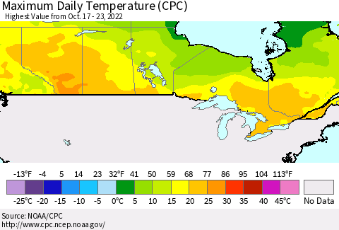 Canada Maximum Daily Temperature (CPC) Thematic Map For 10/17/2022 - 10/23/2022
