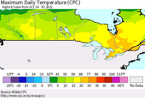 Canada Maximum Daily Temperature (CPC) Thematic Map For 10/24/2022 - 10/30/2022