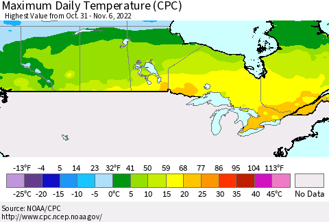 Canada Maximum Daily Temperature (CPC) Thematic Map For 10/31/2022 - 11/6/2022