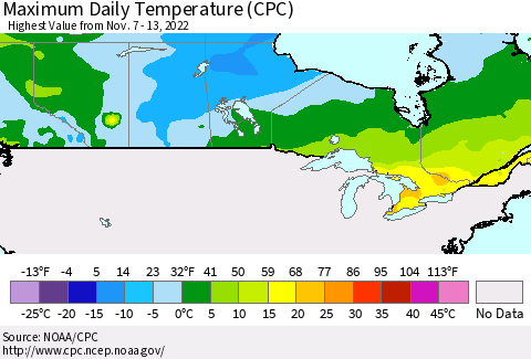 Canada Maximum Daily Temperature (CPC) Thematic Map For 11/7/2022 - 11/13/2022