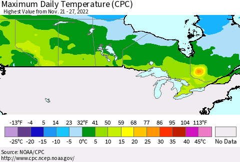 Canada Maximum Daily Temperature (CPC) Thematic Map For 11/21/2022 - 11/27/2022