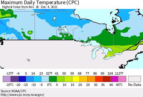 Canada Maximum Daily Temperature (CPC) Thematic Map For 11/28/2022 - 12/4/2022