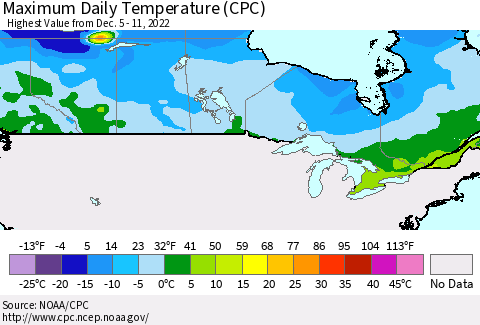 Canada Maximum Daily Temperature (CPC) Thematic Map For 12/5/2022 - 12/11/2022