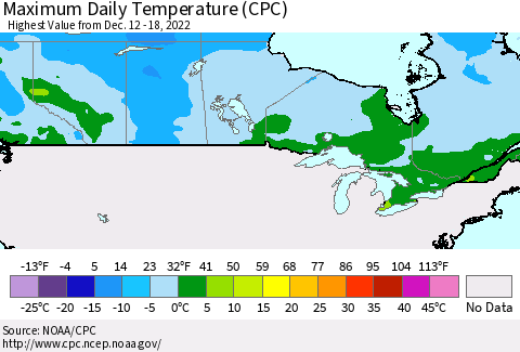 Canada Maximum Daily Temperature (CPC) Thematic Map For 12/12/2022 - 12/18/2022