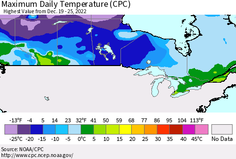 Canada Maximum Daily Temperature (CPC) Thematic Map For 12/19/2022 - 12/25/2022