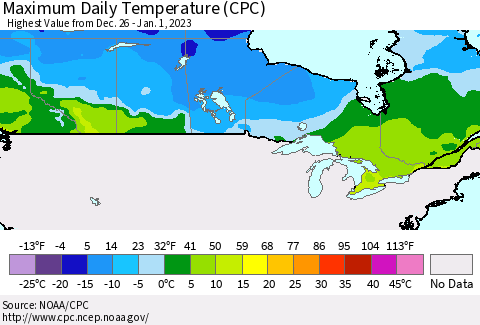 Canada Maximum Daily Temperature (CPC) Thematic Map For 12/26/2022 - 1/1/2023