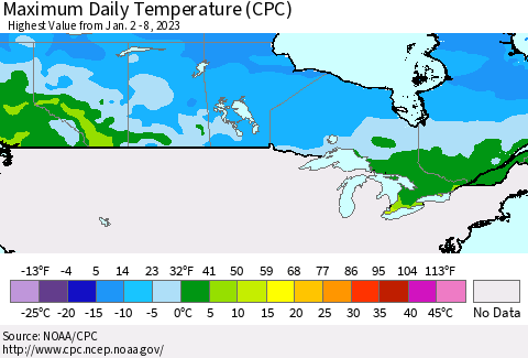 Canada Maximum Daily Temperature (CPC) Thematic Map For 1/2/2023 - 1/8/2023