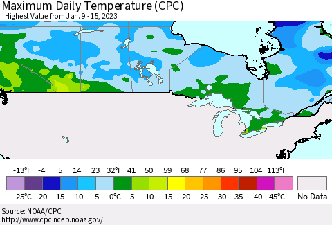 Canada Maximum Daily Temperature (CPC) Thematic Map For 1/9/2023 - 1/15/2023