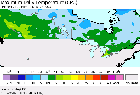 Canada Maximum Daily Temperature (CPC) Thematic Map For 1/16/2023 - 1/22/2023