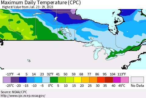 Canada Maximum Daily Temperature (CPC) Thematic Map For 1/23/2023 - 1/29/2023