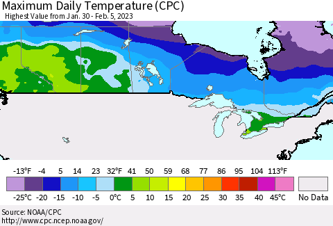 Canada Maximum Daily Temperature (CPC) Thematic Map For 1/30/2023 - 2/5/2023