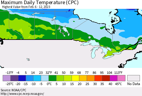 Canada Maximum Daily Temperature (CPC) Thematic Map For 2/6/2023 - 2/12/2023