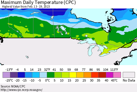 Canada Maximum Daily Temperature (CPC) Thematic Map For 2/13/2023 - 2/19/2023