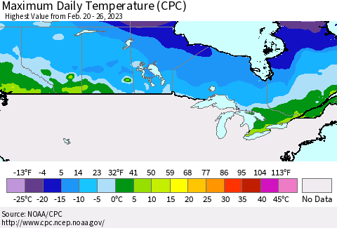 Canada Maximum Daily Temperature (CPC) Thematic Map For 2/20/2023 - 2/26/2023