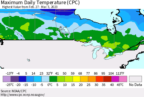 Canada Maximum Daily Temperature (CPC) Thematic Map For 2/27/2023 - 3/5/2023