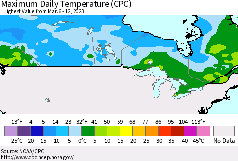 Canada Maximum Daily Temperature (CPC) Thematic Map For 3/6/2023 - 3/12/2023