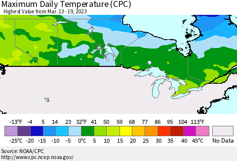 Canada Maximum Daily Temperature (CPC) Thematic Map For 3/13/2023 - 3/19/2023