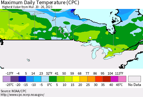 Canada Maximum Daily Temperature (CPC) Thematic Map For 3/20/2023 - 3/26/2023