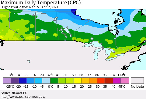 Canada Maximum Daily Temperature (CPC) Thematic Map For 3/27/2023 - 4/2/2023