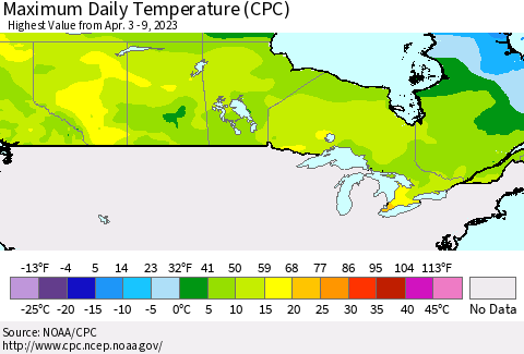 Canada Maximum Daily Temperature (CPC) Thematic Map For 4/3/2023 - 4/9/2023