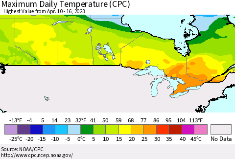 Canada Maximum Daily Temperature (CPC) Thematic Map For 4/10/2023 - 4/16/2023