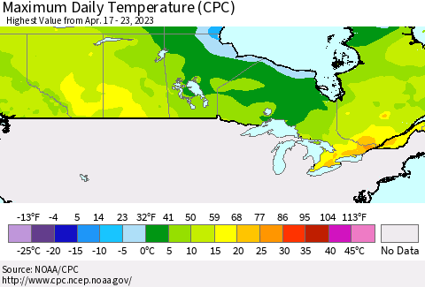 Canada Maximum Daily Temperature (CPC) Thematic Map For 4/17/2023 - 4/23/2023