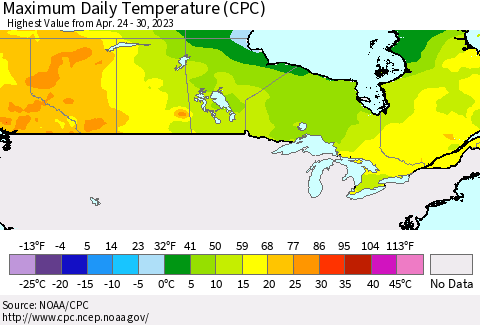 Canada Maximum Daily Temperature (CPC) Thematic Map For 4/24/2023 - 4/30/2023
