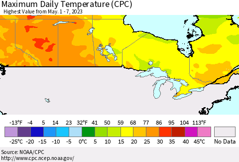 Canada Maximum Daily Temperature (CPC) Thematic Map For 5/1/2023 - 5/7/2023