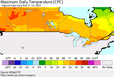 Canada Maximum Daily Temperature (CPC) Thematic Map For 5/8/2023 - 5/14/2023