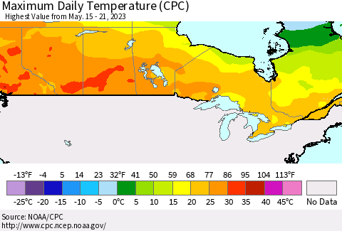 Canada Maximum Daily Temperature (CPC) Thematic Map For 5/15/2023 - 5/21/2023