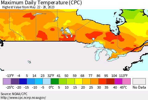 Canada Maximum Daily Temperature (CPC) Thematic Map For 5/22/2023 - 5/28/2023