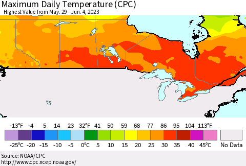 Canada Maximum Daily Temperature (CPC) Thematic Map For 5/29/2023 - 6/4/2023