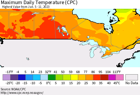 Canada Maximum Daily Temperature (CPC) Thematic Map For 6/5/2023 - 6/11/2023
