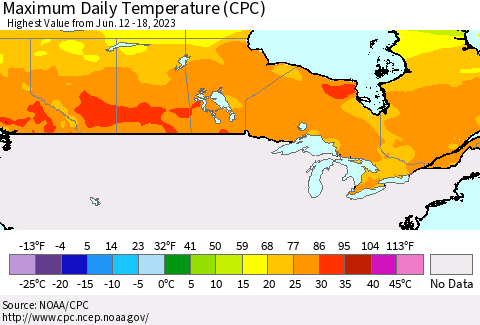Canada Maximum Daily Temperature (CPC) Thematic Map For 6/12/2023 - 6/18/2023