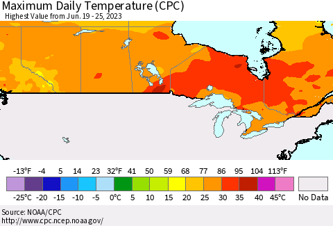 Canada Maximum Daily Temperature (CPC) Thematic Map For 6/19/2023 - 6/25/2023