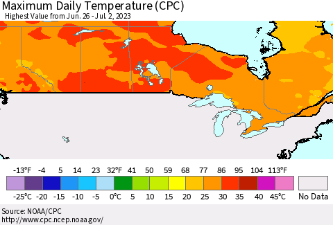 Canada Maximum Daily Temperature (CPC) Thematic Map For 6/26/2023 - 7/2/2023