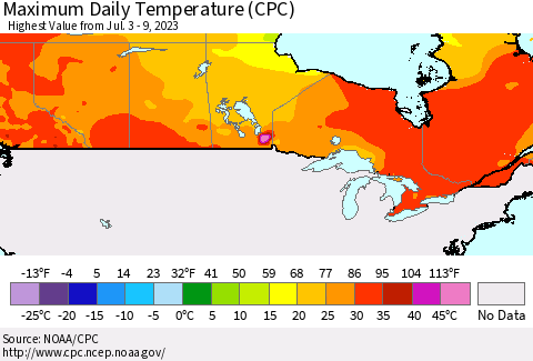 Canada Maximum Daily Temperature (CPC) Thematic Map For 7/3/2023 - 7/9/2023