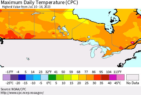 Canada Maximum Daily Temperature (CPC) Thematic Map For 7/10/2023 - 7/16/2023