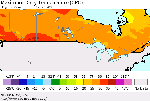 Canada Maximum Daily Temperature (CPC) Thematic Map For 7/17/2023 - 7/23/2023